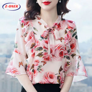 Z-ONER Floral Printing Chiffon Shirt for Women V-neck Short-sleeved  Blouse Trumpet Sleeve Shirt