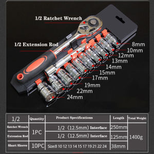 12pcs Socket Wrench Set 1/2 Inch CRV Ratchet Wrench Tool Set