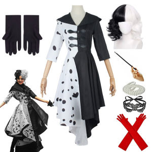 Adults Black White Witch Deville Cosplay Costume Dress for Women with Glove Halloween Party Cos Suits2026