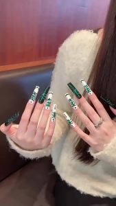 100% HANDMADE Artificial Nail 5cm Extra Long European-Style Fake Nails Set Ins Style White And Dark Green With Emerald Press On Nails Art Reusable And Removable