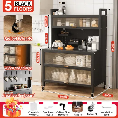 【SG Local Seller】6 Tier Mobile Kitchen Storage Cabinet With Magnetic Rotating Door DIY Pegboard Multifunctional Kitchen Buffet Sideboard Rolling Microwave Shelf Organizer With Lockable Wheels For HDB Home Kitchen