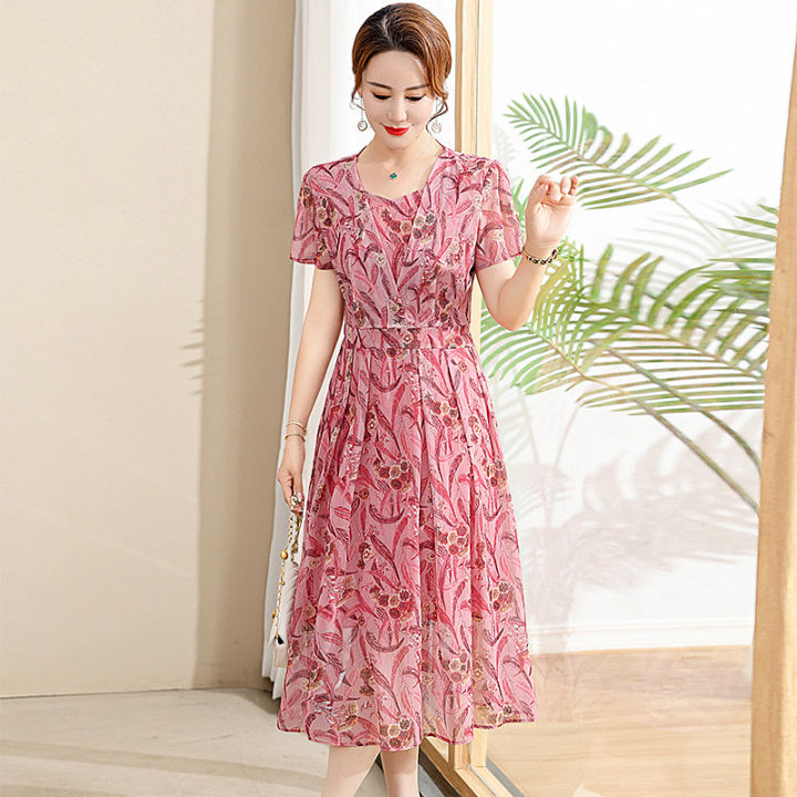 👗👗 Mom Summer Clothes New Double-Layer Lace Yarn Short-Sleeved Dress 50 ...