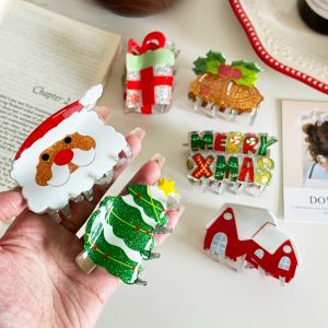 CNIEN8 Acrylic Kẹp cá mập ông già Noel Lấp lánh Nhà tuyết Kẹp tóc hoạt hình Thời trang Dễ thương Kẹp tóc cây thông giáng sinh Phụ nữ