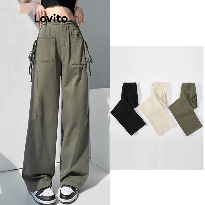 Lovito Women Lace Up Pants Lna17105 (Army Green/Black) Army Green