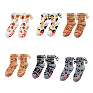 Women Cute for Cat Paw Fuzzy Slipper Socks with Grippers 3D Plush Tail Warm Hosi