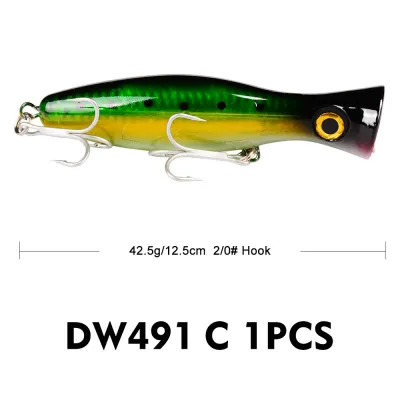 PROBEROS 1PCS 13cm 43g Big Popper Fishing Lure Top Water Floating Wobbler Hard Artificial Bait with 2/0# Treble Hooks Saltwater Big Game Tuna Fishing Gear