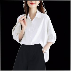 Women Blouse Casual Wear White Blouse Plus Size Slimming Fashion Sense Womens Thin Sunscreen Clothing White Shirt 大码女式白色衬衫