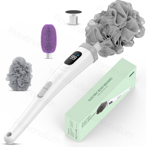 Electric Bath Body Brush Long-Handle Power Scrubber Waterproof Rechargeable Shower Brush with 3 Heads