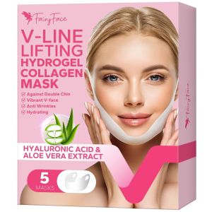 FairyFace V Line Shaping Face Masks (5 Count) Double Chin Reducer Lifting Hydrogel Collagen Mask with Aloe Vera and Seaweed and Anti-Wrinkle