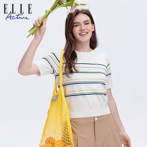 ELLE Active    ELLE Active Summer Rainbow Stripes Knitwear Womens Thin Short Sleeve T-Shirt Breathable Cool Silk Commute Style Regular Fit