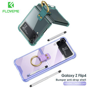 [With Capacitance Pen] FLOVEME Luxury Transparent Phone Case For Samsung Galaxy Z Flip 4 3 5G Folding With Ring Bracket Shockproof Protective Hard Cover For Galaxy Z Flip 4 3
