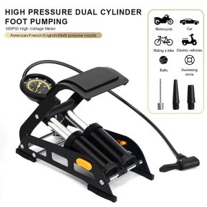 COOLSOO 1Pcs แรงดันสูงมาก ปั๊มเท้าจักรยาน วาล์ว presta Schrader 160PSI สูงสุด ปั๊มลมจักรยาน กระบอกคู่ ที่สูบลมแป้นเหยียบ สำหรับบาสเกตบอลรถจักรยานยนต์รถยนต์