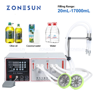 ZONESUN ZS-GFK17B Double Heads Semi-Automatic Liquid Filling Machine Big Flow Cooking Oil Laundry Detergent Water Bottle Filler 20mL-17000mL
