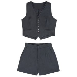 ขาว/น้ำตาล/เทา SLYQ WHISKY BELTED VEST & SHORTS SET เซ็ตเสื้อกั๊กกระดุมหน้ากับกางเกงขาสั้น