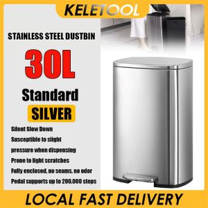 Stainless Steel Trash Bin 30L Rectangular Foot Pedal Dustbin Soft Silent Slow Close For Kitchen