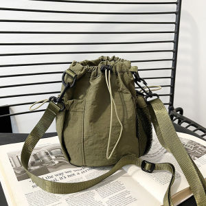 Korean Nylon Drawstring Bucket Crossbody Bag Water Bottle Pocket Adjustable Strap Phone Pocket For Women
