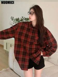 HUYTT Korean Popular Clothes Red Black Striped Long-sleeved Plaid Shirt For Women Loose Casual Jacket Women Tops Chic Shirt