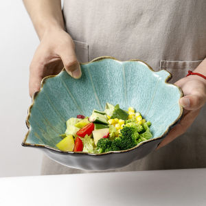 OMK จานผลไม้ชามสลัดเซรามิกรูปใบไม้สไตล์ญี่ปุ่น