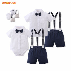 lontakids Baby Boy Formal Short Set Toddler Summer Gentleman Outfit Kid Short Sleeve Bowtie Romper Shirt Suspender Shorts Suit