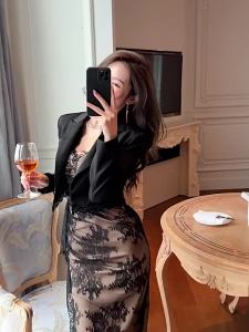 Spring Autumn Elegant Office Women Suit Chic Formal Black Lace Single Button Commute Coat Blazer Jacket Lady Femme Mujer Outwear