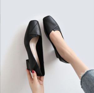 Free Shipping Spring And Autumn WomenS Single Shoes Small Leather Shoes Mid-Heel High Heels Versatile For The Workplace Square-Toe Grandma Shoes Korean Style