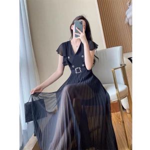 D11524 Pleated Open Hem Dress w/ Crystal Belt