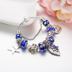 Hot Sale   Newly designed star and moon pendant bracelet   Royal Blue Large Hole Glass Bead Bracelet Wholesale
