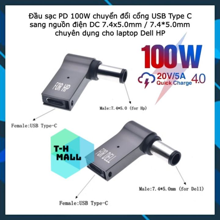 Đầu sạc PD 100W 20V chuyển đổi cổng USB Type C sang nguồn điện DC 7.4x5 ...