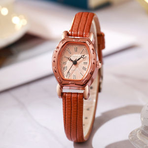 Rose gold barrel-shaped womens watch with brown leather strap stylish and niche for students unique Korean-style trending item.
