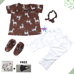 BAJU BAYI PEREMPUAN - SETELAN  ANAK TRUE 3-15 BULAN 4 in 1 WITH SANDAL DAN BANDANA BONUS POUCH + MASKER