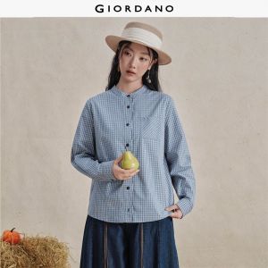 Giordano Women Plaid scalloped placket long sleeve cotton shirt Free Shipping 18346723