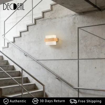 Decdeal Modern Wooden Wall Sconce Indoor Wall Light Fixture Glass Lampshade for Home Decor Living Room Bedroom Hallway Corridor