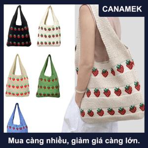 【CANAMEK】 Túi xách đan móc đeo vai họa tiết dâu tây ngọt ngào phong cách thường ngày dung tích lớn túi tote thời trang túi mua sắm dành cho nữ quà tặng