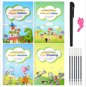 Kids Magic Writing Book Set Reusable Learning 4 Copy Books set(Free 6 ink refills + 1 empty Pen)