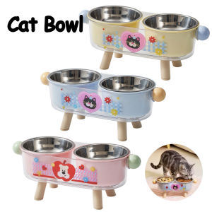 Stainless Steel Elevated Cat Bowl Double Bowls Non-Slip Cat Water Bowl Anti-Tipping Cartoon Neck Protection Bowl