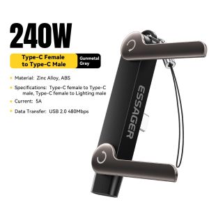 【SKIT SG】Essager 2 in 1 Phone Stand Holder OTG Adapter USB C Female to USB C Male 240W Fast Charging USB C to Lighting Male 30W Data Transfer Portable Phone Stand Bracket with Hanging Rope for Smartphone Tablet