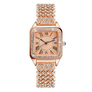 New high-end fashionable diamond-studded steel bracelet watch for women featuring Roman numeral dial and rhinestone bracelet