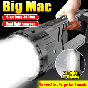 Portable Super Bright Big Mac flashlight heavy duty waterpoof searchlight long range rechargeable dual light sources outdoor flashlights