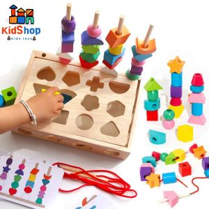 5 in1 Montessori Wooden Toys Color Shape Cognition Blocks Matching Sorting Game Beaded Early Educational Toys Gift for Children
