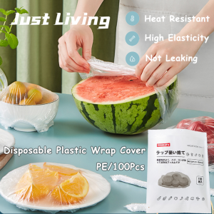 JustLiving 100 Cái Bọc Nhựa Dùng Một Lần Cấp Thực Phẩm Nhật Bản Bọc Giữ Tươi Kín PE Bọc Bát Đĩa Miệng Co Giãn Gia Dụng Thông Dụng Cho Tủ Lạnh/Lò Vi Sóng