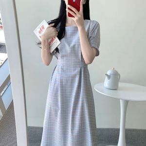 LHSunday นิวส์🌟เดรสยาวแฟชั่นสไตล์สาวเกาหลีลายสก็อตน่ารักสุดๆ เดรสแฟชั่นคอกว้างแขนพองเรียบๆมีสเน่ห์ เดรสยาวลายสก็อตสีพื้นมี 4 สี🌈