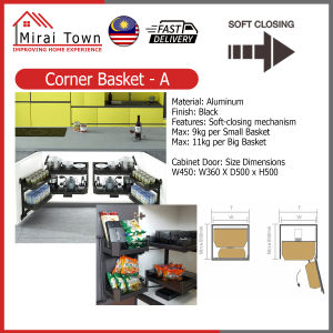 MIRAI Aluminium Kitchen Organizers Magic Corner Basket With Soft Closing Black Box Series