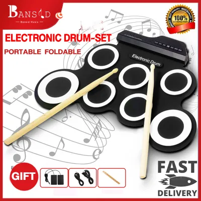【Ready Stock】 Bansid electric drum set Portable Foldable Silicone Electronic Drum Pad Kitdrumset instrument for kids Digital USB MIDI Roll-up with Drumstick Foot Pedal 3.5mm Audio Cable Outdoorfree