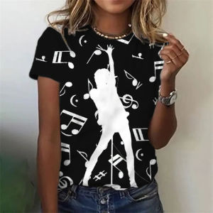 New Fashion Music T Shirt Ladies Summer Crew Neck Casual Note Print Funny T-shirts Streetwear Elegant White Black Womens Clothes