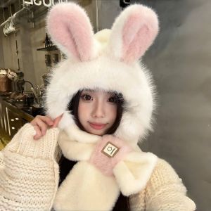 GOLFDIN รักษาความอบอุ่น ผ้าพันคอแบบมีฮู้ดสำหรับผู้หญิง ป้องกันลม 2-ใน-1 หมวกและผ้าพันคอ หูกระต่าย ฟูฟ่อง ผ้าพันคอขนฟูฤดูหนาว ฤดูใบไม้ร่วงฤดูหนาว