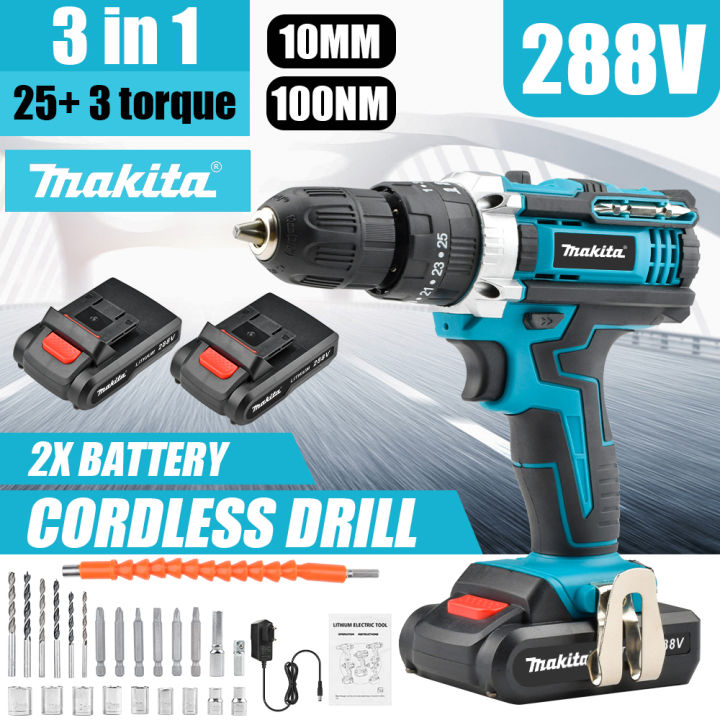 Makita 288V 6000mAh Cordless Drill With Hammer Impact Battery With Case  Screwdriver Accessories drill set cordless drill power tools rechargeable 