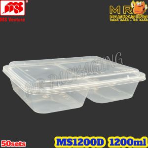 MS 1200D 2 Compartment Container with Dome Lid ( 50sets± ) Disposable Plastic PP Lunch Rectangular Food Box - Bento - 1200 D MS VENTURE