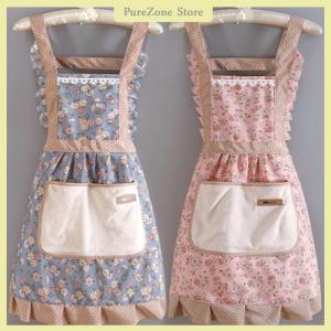 [PureZone] Cotton Canvas Floral For WomenS Kitchen Oilproof Apron With Pockets And Adjustable Waist Belt Waterproof Sleeveless Bib Apron