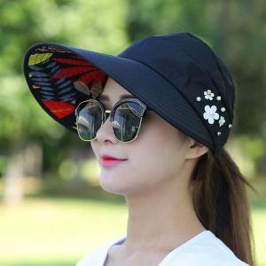 LEKGAVD Flower Women Sun Hat Wide Brim UV Protection Beach Visor Cap Breathable Korean Summer Ponytail Cap Ladies