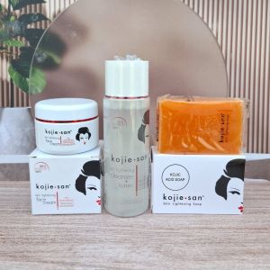 ( BPOM ) Paket Kojie san Skin Lightening 3in1 Face Cream + Acid Soap 65gr + Toner+clenser 100ml 100% ORI